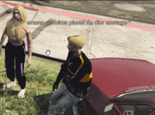 a screenshot of a video game shows a man and a woman standing next to a red car