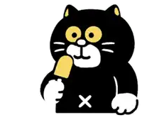 a black cat with yellow eyes is eating a popsicle
