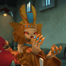 a cartoon character with a blue crown on her head holds a sword
