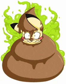 a cartoon drawing of a fox in a pile of poop with green smoke coming out of it