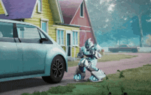 a robot is standing in front of a car