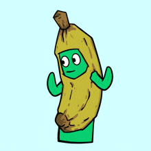 a cartoon of a banana with a green face and arms