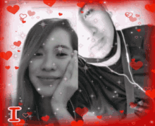 a black and white photo of a woman and a man with hearts around them and the letter i in the middle