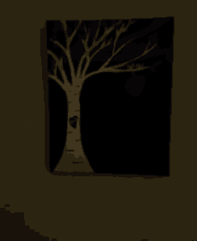 a black and white painting of a tree with two birds and a heart hanging from it