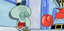 a cartoon of squidward from spongebob squarepants covering his face while a crab punches him