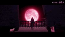 a man is standing in front of a red full moon .