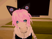 a girl with pink hair has a tattoo that says rabbit on her neck