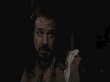 a man with long hair and a beard is looking at the camera