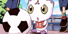 a cartoon character wearing a number 10 jersey holds a soccer ball
