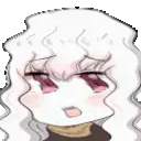 a cartoon girl with white hair and pink eyes is looking at the camera .