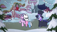 a cartoon drawing of two ponies in the snow with a sign that says taxi on it