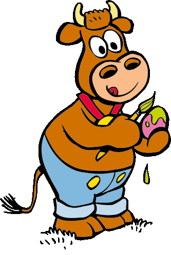 a cartoon cow is holding a brush and a pink egg