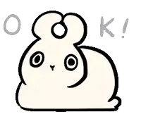 a cartoon drawing of a rabbit with a circle in the middle of its head and the letters o and k above it .
