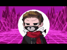 a pixel art of a man wearing a teddy bear mask and scarf