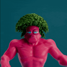 a cartoon character with a green wig on his head is flexing his muscles