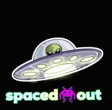 an illustration of an alien in a saucer with the words spaced out underneath
