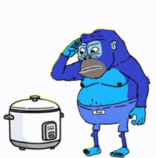 a cartoon of a blue monkey cooking rice