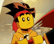 a cartoon drawing of a lego character with a red headband and a sword