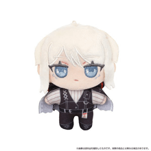 a stuffed doll with white hair and blue eyes is standing on a white surface