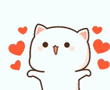 a cartoon cat is surrounded by red hearts and looking at the camera .