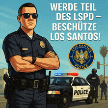 a cartoon of a police officer standing in front of a police car