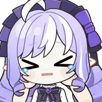 a cartoon girl with purple hair and blue eyes is making a sad face
