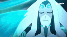 a cartoon of a man with a white cape and a blue swirl on his head