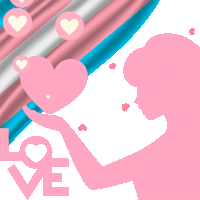 a pink silhouette of a woman blowing a pink heart with the word love below her