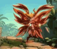 a fairy with red wings is standing on a rock in a video game