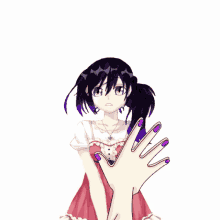 a drawing of a girl with purple nails behind a hand