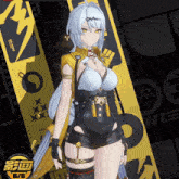 a girl with a gun is standing in front of a sign that says " 6/6 "