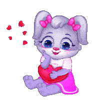 a cartoon rabbit is holding a red heart in her lap