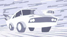 a cartoon drawing of a white car with a man driving