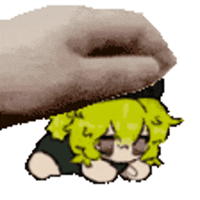 a pixel art of a girl with green hair being propped up by a hand .