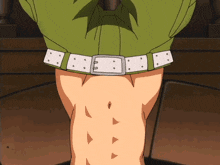 a close up of a person 's torso with a green shirt and white belt