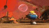 a cartoon character is standing on a globe in front of a bubble .