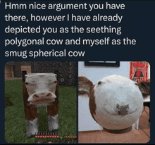 a picture of a spherical cow and a picture of a cow in minecraft