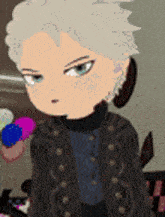a cartoon character with white hair and blue eyes is standing next to a person holding a balloon .