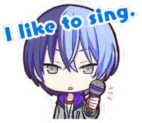 a boy with blue hair is holding a microphone and says i like to sing