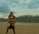 a woman in a warrior costume is standing in a field with mountains in the background