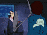 a woman in a blue suit with the number 00 on her back