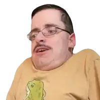 a man with glasses and a mustache wears a yellow shirt with a dinosaur on it