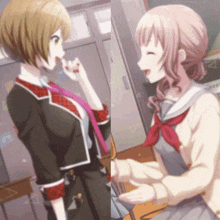 two anime girls are standing next to each other