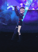 a girl is holding a gun and wearing sunglasses in a dark room