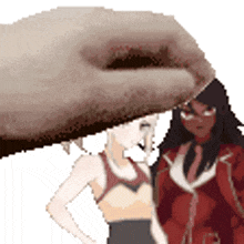 a hand is holding a woman 's head while another woman stands behind her