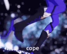 a blurry picture of a person holding a blue umbrella with the word cope on it .