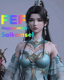 a woman in a blue dress with the words fef happy enjoy salkomsell