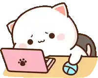 a cartoon cat is sitting at a desk using a laptop .