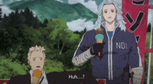 a man in a noi jacket is holding an ice cream cone and talking to another man