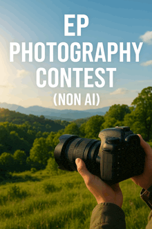 a person holding a camera in front of a field with the words ep photography contest on top